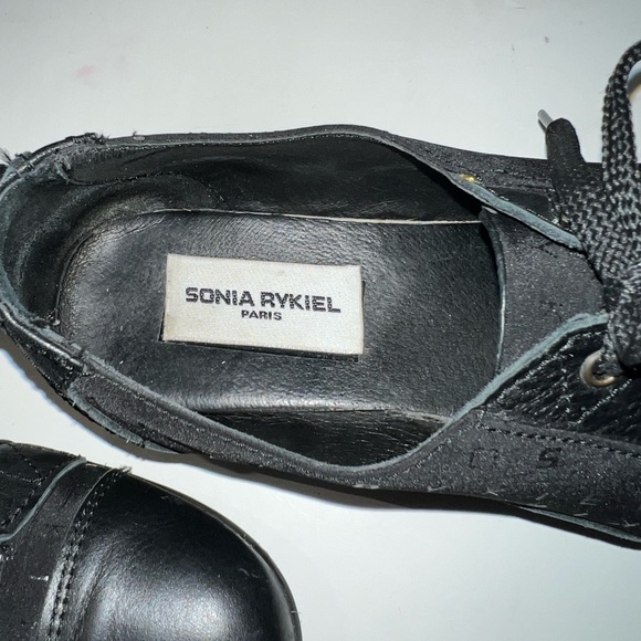 Sonia Rykiel Paris Black Leather/Satin Lace Up Sneakers with Rhinestone - Picture 9 of 11